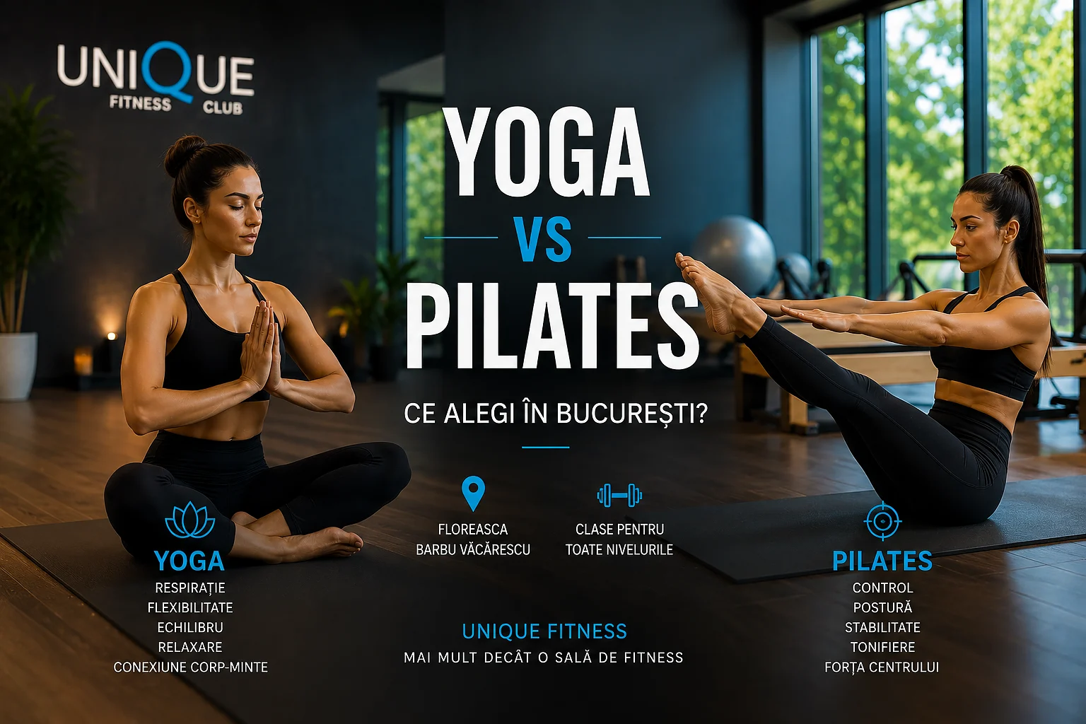Yoga vs Pilates în București | Ce alegi pentru corpul tău? 1 UNIQUE FITNESS Yoga vs Pilates in Bucuresti cover Yoga vs Pilates în București